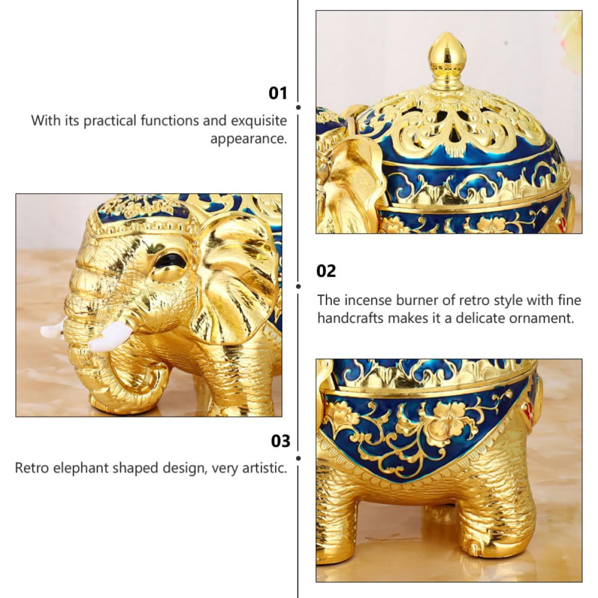 Bruciatore di Incenso Stile Retrò Artistico Elefante Blu in Lega di Zinco | Tavolo Decorativo, per Studio e Yoga, Design Lussuoso, Supporto Verticale per Incenso Cinese