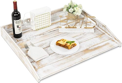 MyGift Tabla de fideos extra grande de 30 pulgadas, cubierta superior de estufa de madera maciza lavada de color blanco desgastado con asas