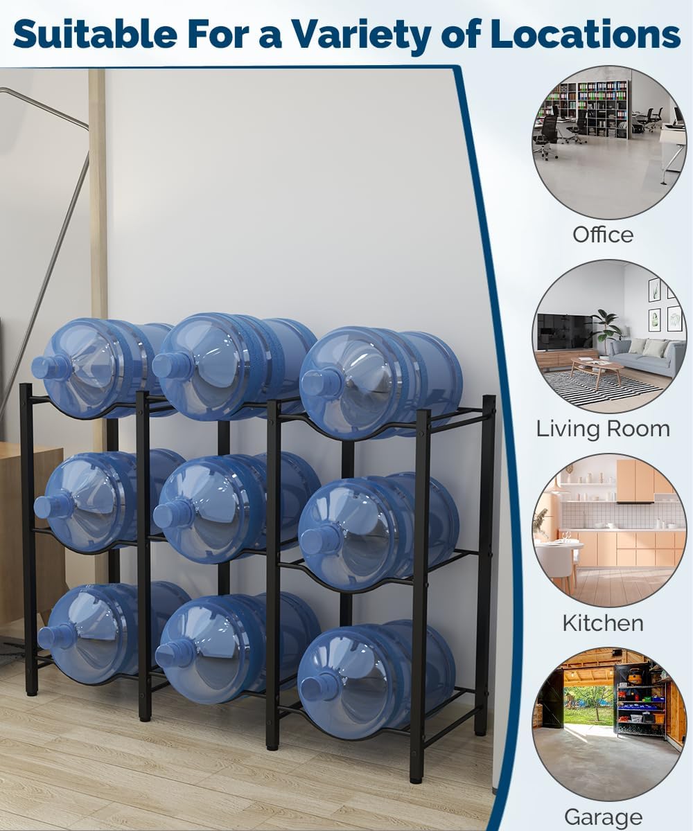 Mocomax 5 Gallon Water Jug Rack - Detachable Holder for 9 Bottles, 3 Tier Heavy Duty Cooler Rack, Organizer for Kitchen, Office, Living Room, Black