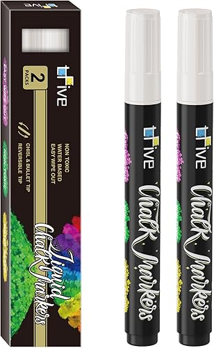 TFIVE Marcadores de tiza líquida blanca, paquete de 2 rotuladores de tiza borrables de colores brillantes, punta reversible, no tóxicos, para