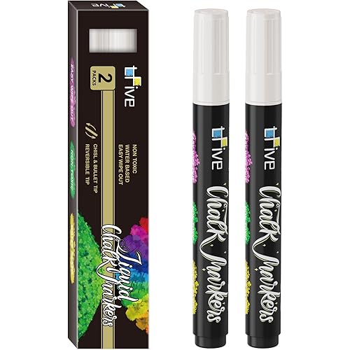 TFIVE White Liquid Chalk Markers - 2 Pack Bright Colors Erasable Chalk Marker Pens, Reversible Tip, Non-Toxic, for Chalkboards, Signs, Glass, Easy to use Chalk markers TF800