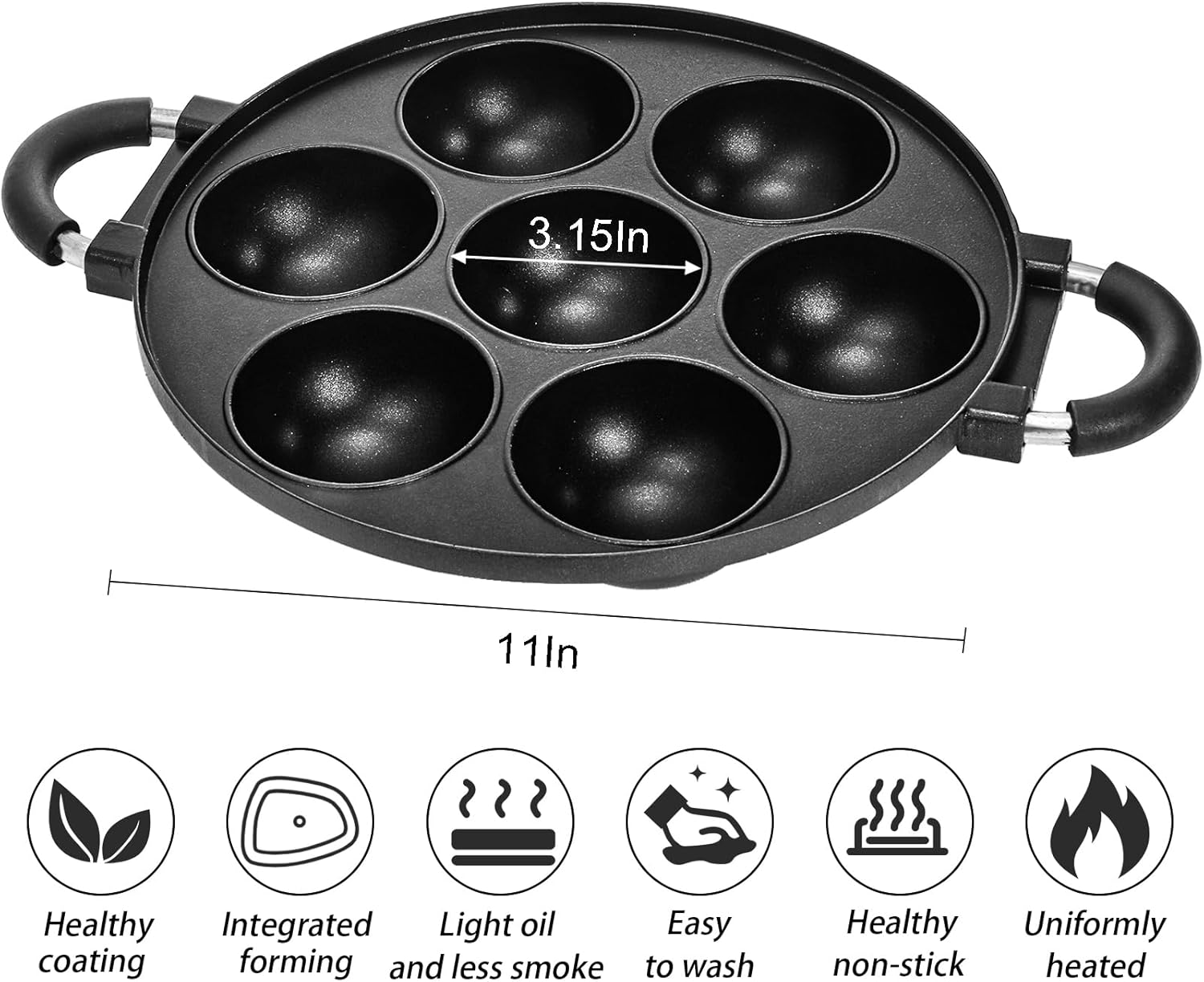 WUWEOT Aebleskiver Pan, Non Stick Appe Grill, 3.15" Appam Maker Griddle, Aluminium Pancake Octopus Ball Half Sphere Pan with 2 Side Handle and Glass Cover Lid - Image 2