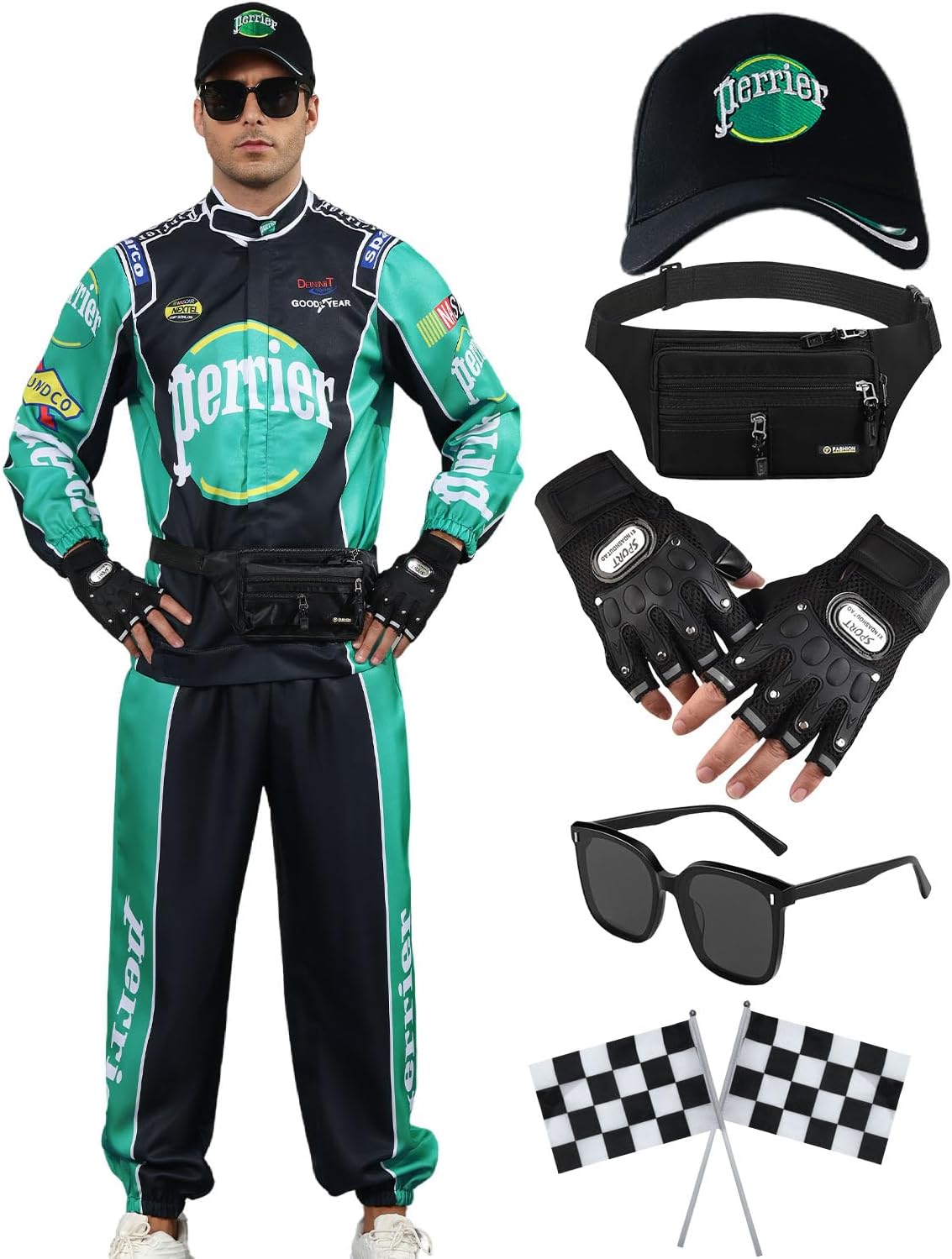 7 Pcs Race Car Driver Costume Adult Halloween Costume Racing Costume Racing Jumpsuit Full Cosplay Set