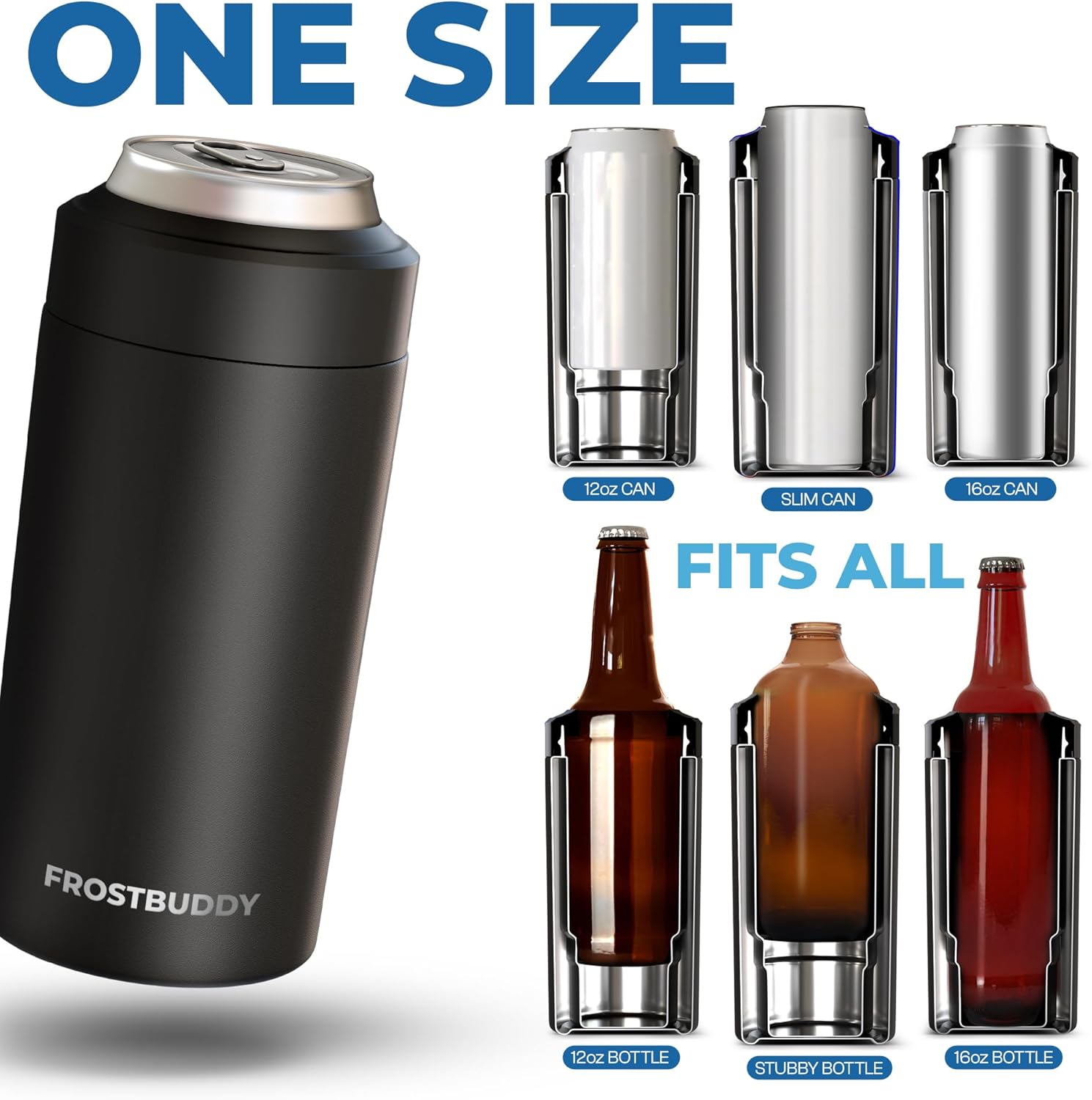 Frost Buddy Universal Buddy Can Cooler - Fits All - For Regular 12 & 16 oz or Slim-Size Bottles - Insulated Double-Walled Stainless Steel (Lights) - Image 2