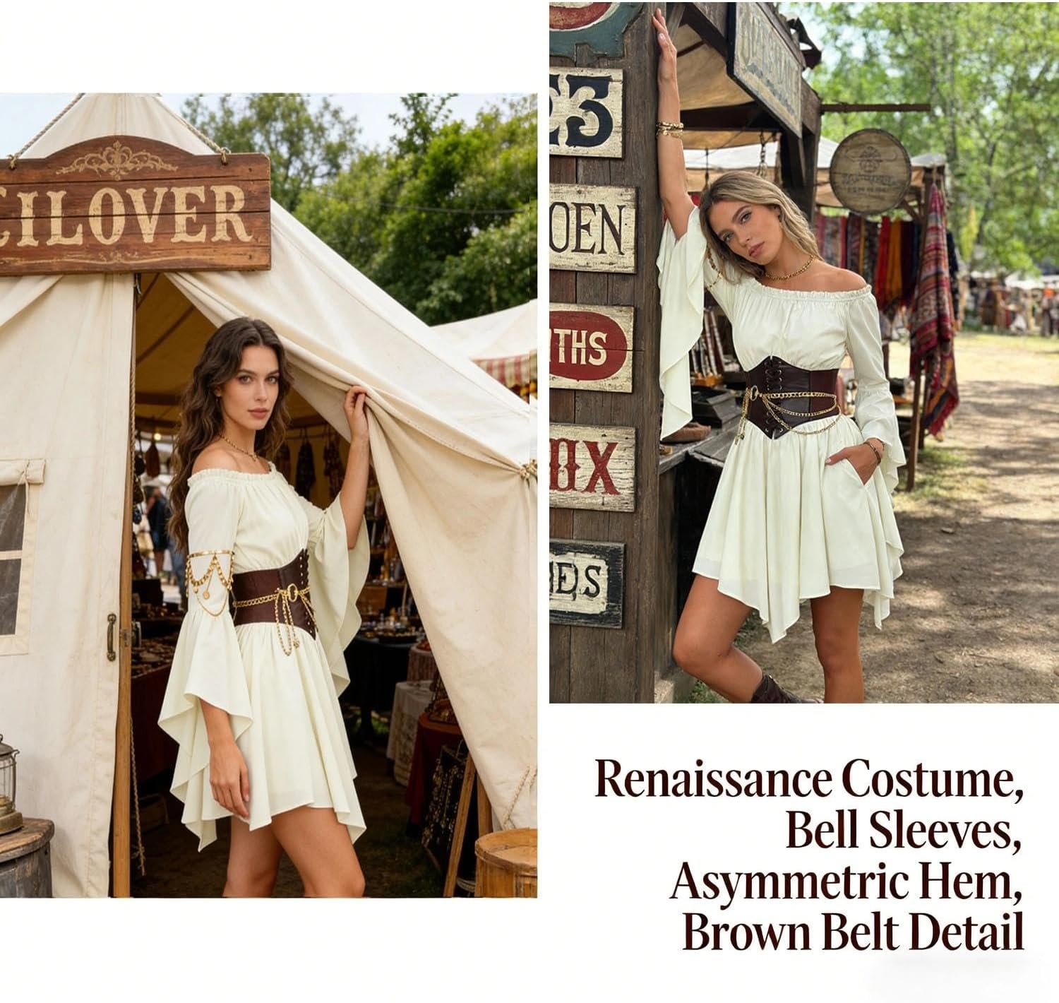 Pirate Costume Women Renaissance Dress Off Shoulder Bell Sleeve Fairy Dress with Arm chain Waist Belt, waist chain
