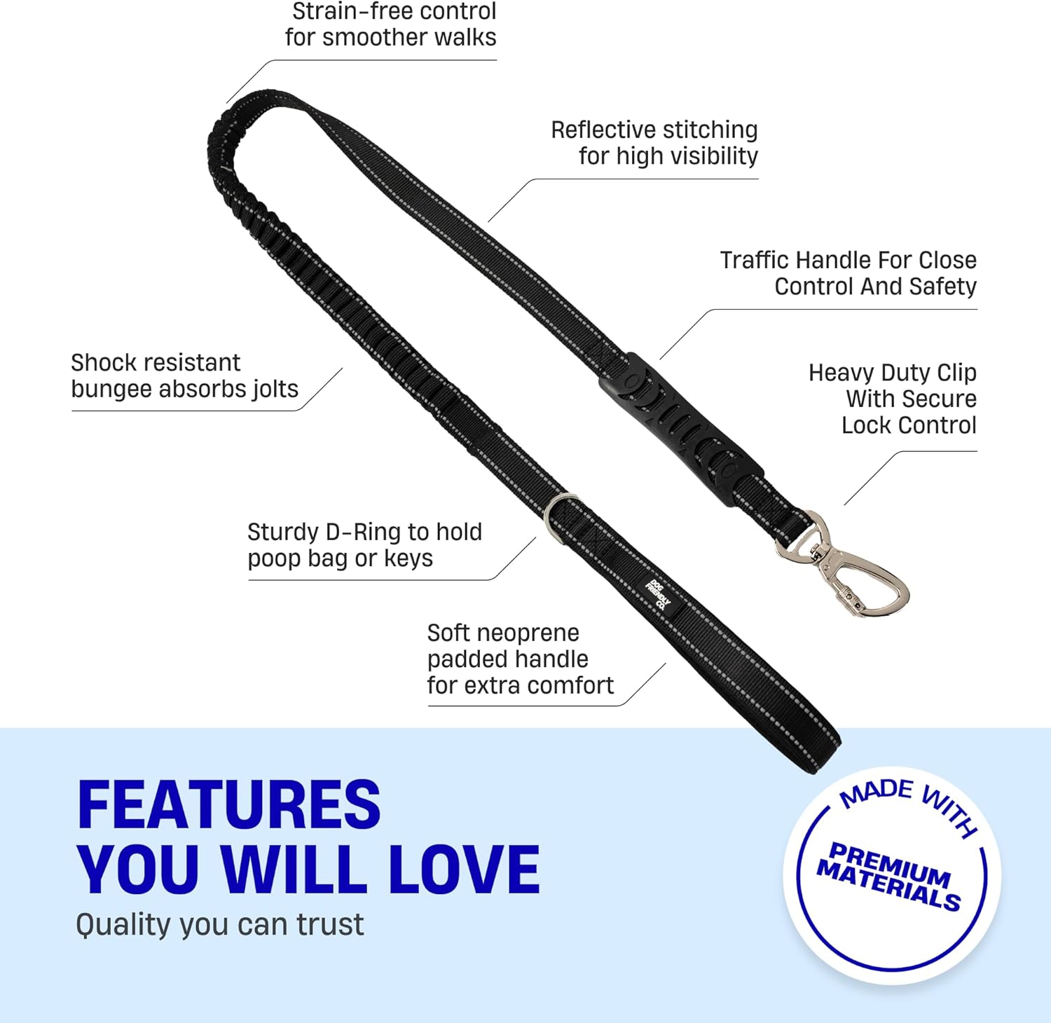 DF Co. Bungee Dog Leash | Strain Free & Shock Resistant for Control | Neoprene Padded Handle, Heavy-Duty Carabiner Clip, and D-Ring | Black, Size Regular