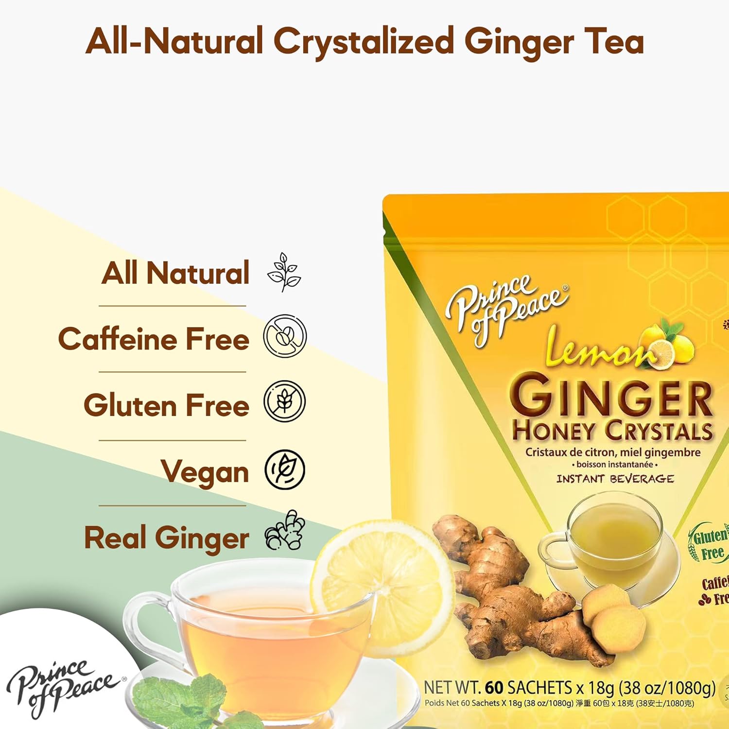Prince of Peace Instant Ginger Honey Crystals with Lemon, 60 Sachets – Instant Hot or Cold Beverage – Easy to Brew – Drink Like a Tea – Caffeine and Gluten Free – Real Ginger