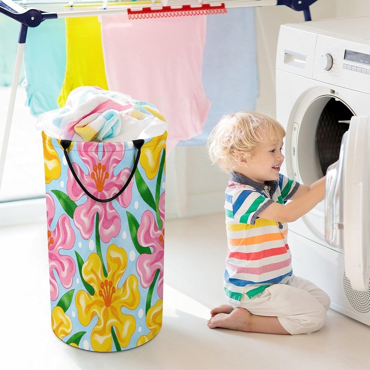 Pink And Yellow Flowers Are in Full Bloom Laundry Hamper Portable Lightweight Clothes Hampers Fashion Dirty Laundry Storage Basket Large Capacity Foldable Clothes Baskets for Bathroom Bedroom