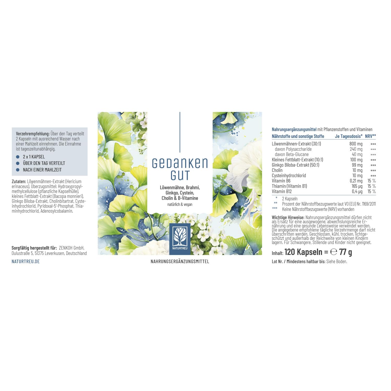 NATURTREU® Ginkgo-Biloba 50:1 & Löwenmähne Pilz Komplex - mit Brahmi-Extrakt Cholin & L-Cystein – 120 Kapseln vegan und hochdosiert mit 30% Polysaccharide und 5% Beta-Glucane