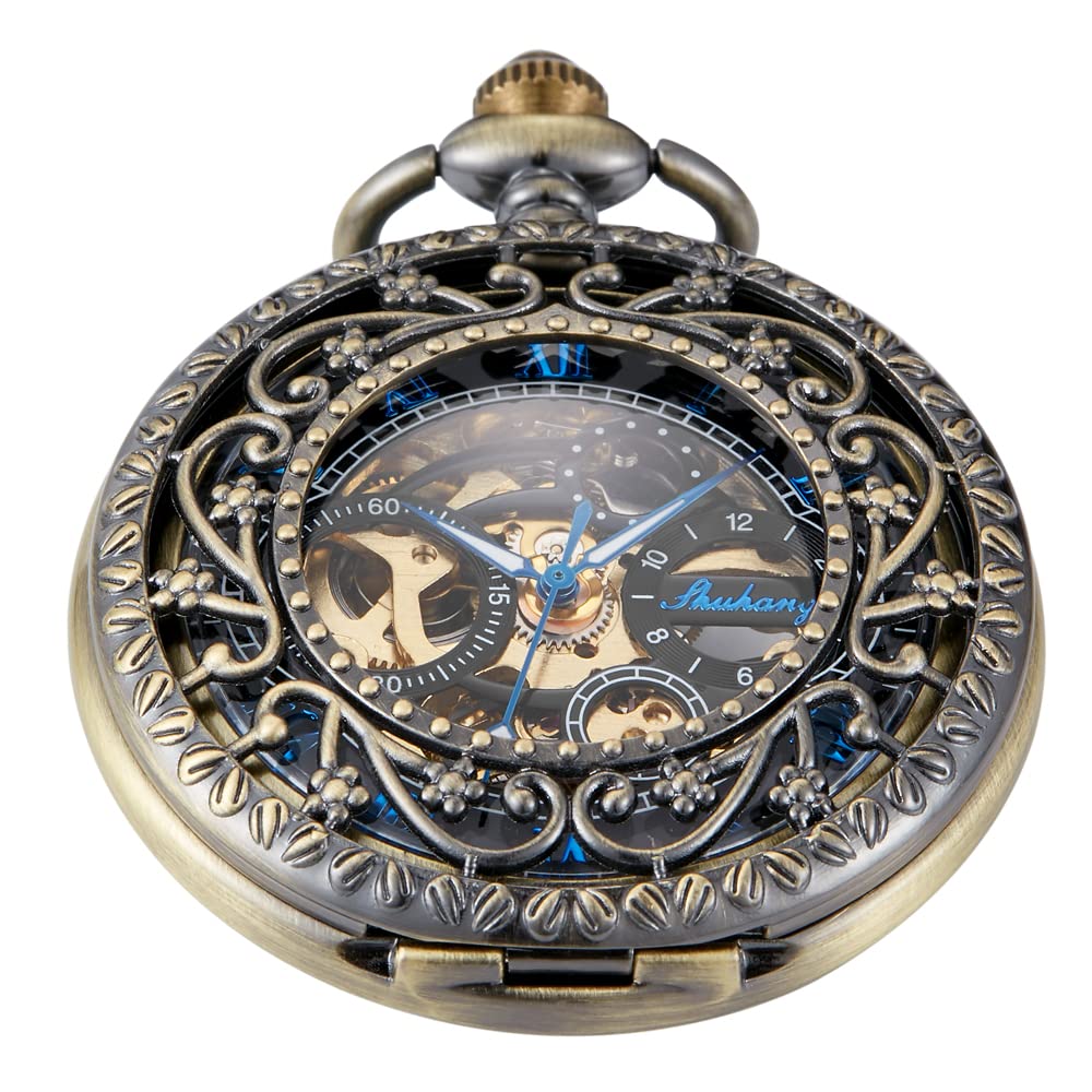 Whodoit Antique Steampunk Mechanical Pocket Watch Necklace, Hollow Skeleton Hand Wind Carved Fob Pocket Watches Pendant Chain for Men