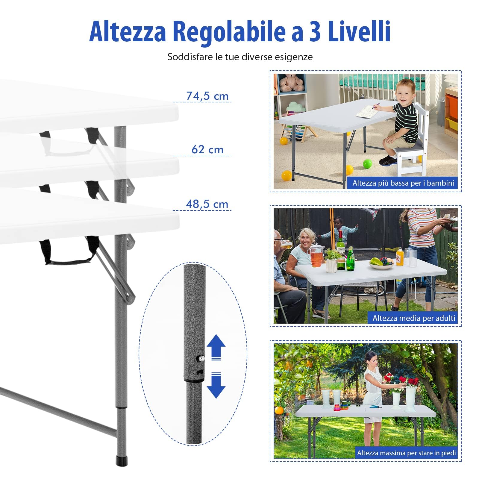 RELAX4LIFE 2 in 1 Tavolo Pieghevole da Campeggio, Richiudibile con Maniglia, 120x60cm, Altezza Regolabile 48,5/62/74,5cm, Portatile Tavolino per Picnic, Giardino, Barbecue, Portata 150kg, HDPE/Metallo