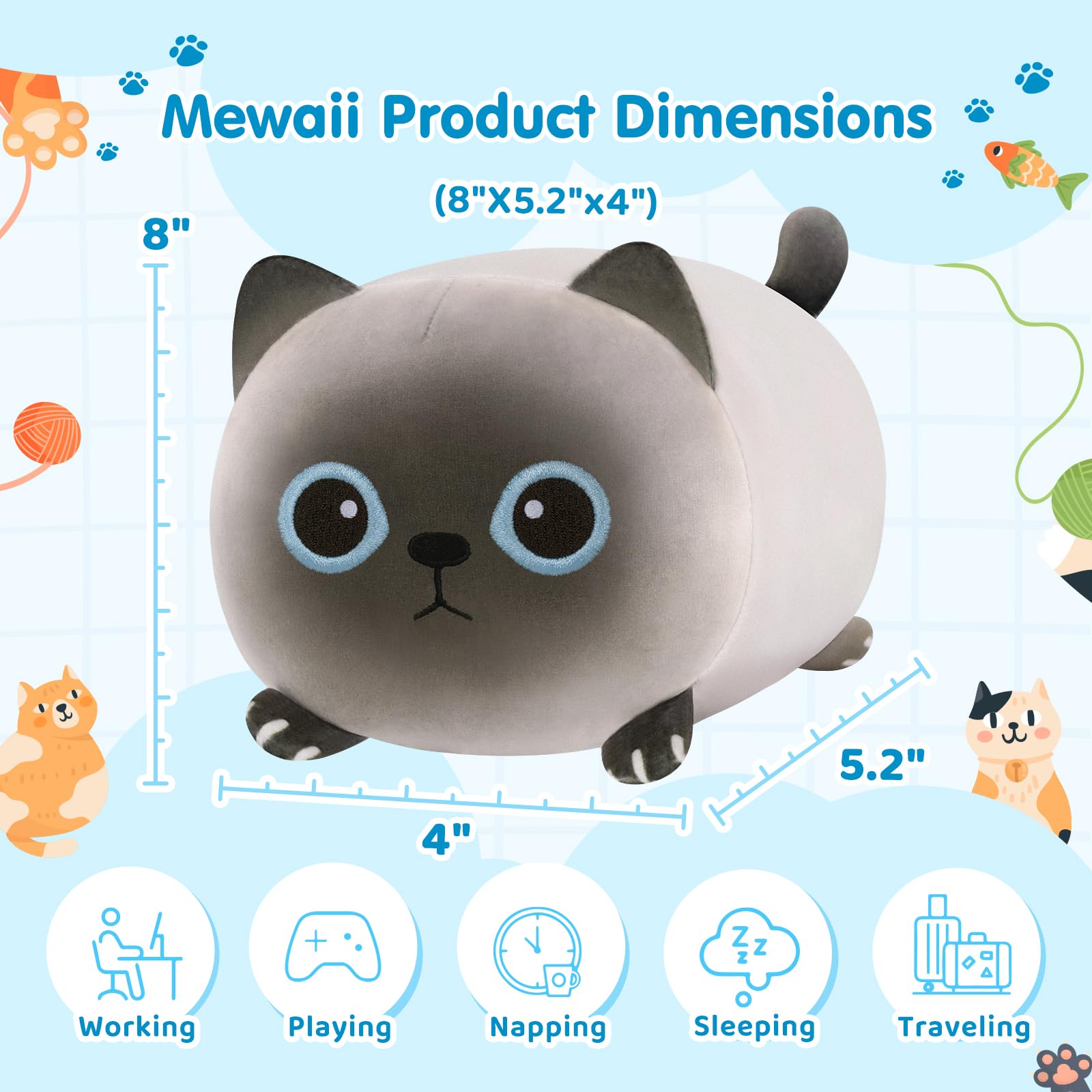 Mewaii Cuscino di Peluche Stitch 20cm Kawaii Gatto Siamese Animale Giocattolo e Cuscino Ottimo Natale Compleanno Regalo per Bambini Ragazze Ragazzi Amici