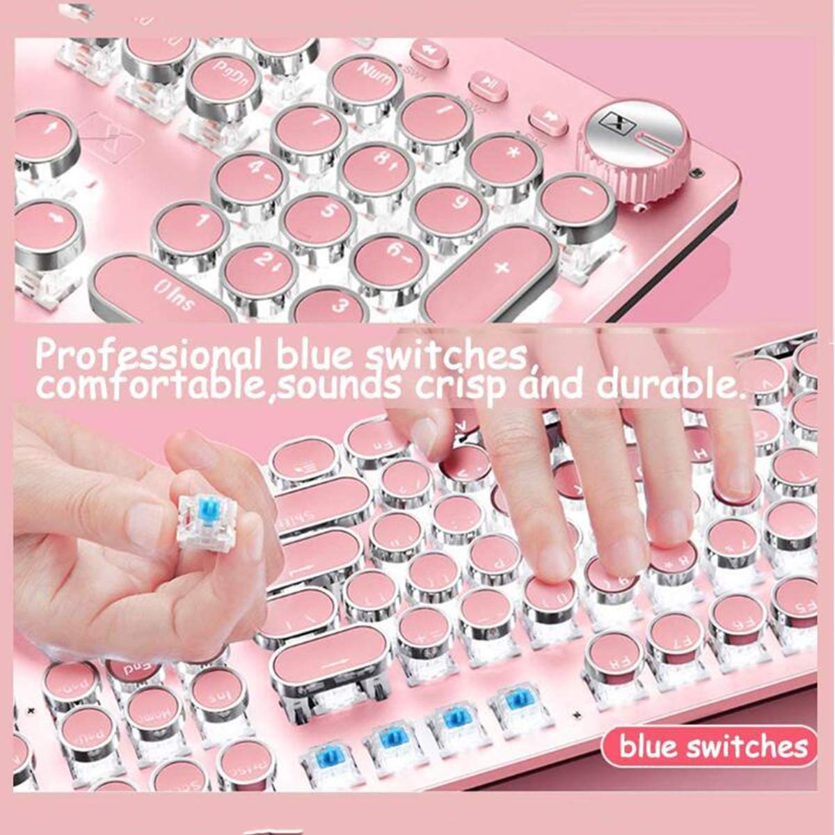 Teclado para juegos, retroiluminado de metal, retro, punk, interruptores azules, cable USB para PC, laptop, computadora de escritorio, gamer, teclado mecánico rosa, polvo de cerezo blanco
