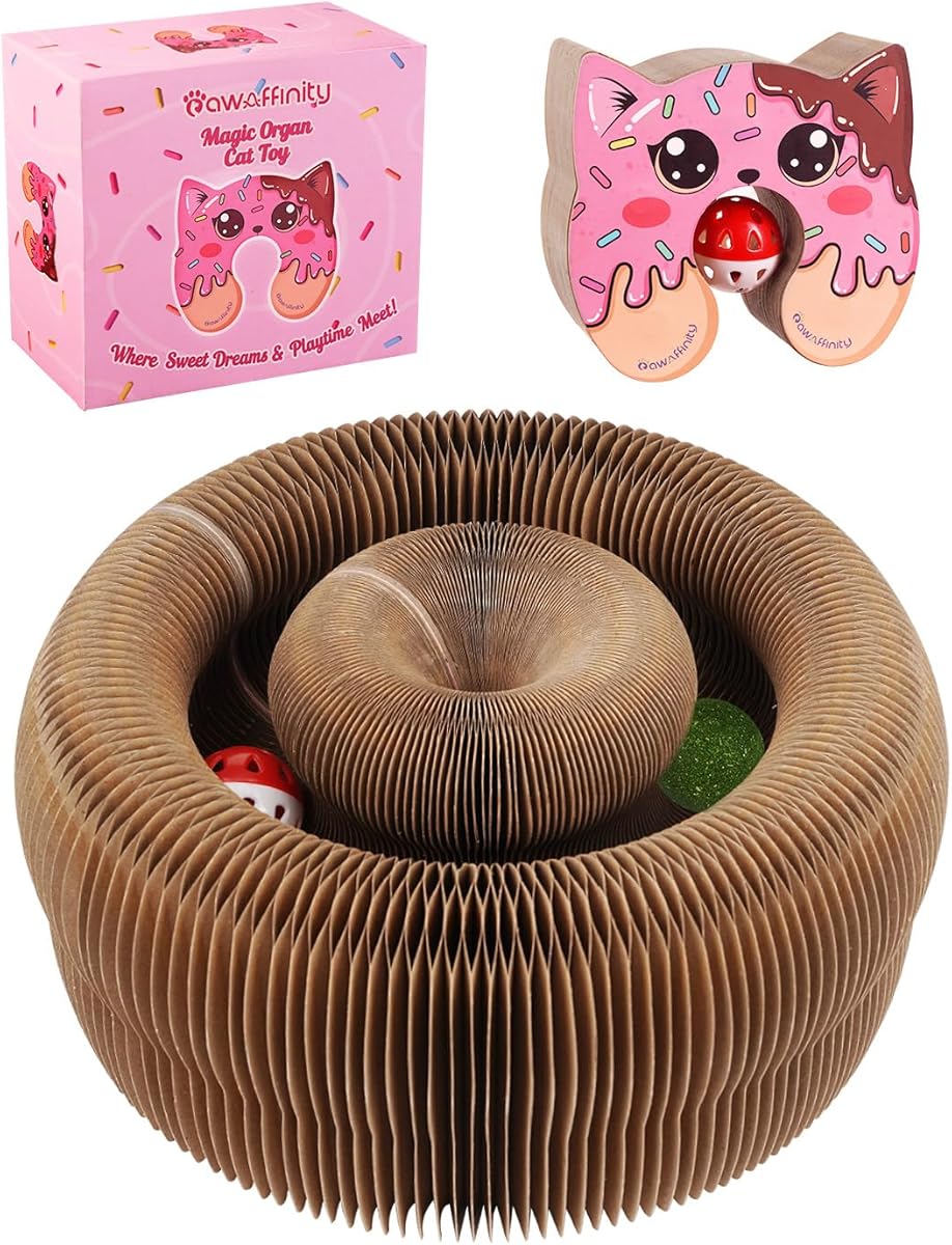 Magic Organ Cat Scratcher Toy, Large Extra-Thick Interactive Foldable Accordion Cardboard Scratching Board with Catnip & Bell Ball, Magnetic Enrichment Toy for Indoor Cats & Kittens