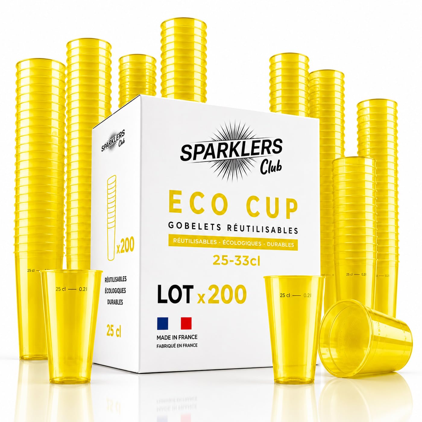 SPARKLERS CLUB - Lot de 200 Gobelets Reutilisables 25cl (33cl a ras-bord) - Polypropylene (PP) alimentaire rigide - Compatible lave-vaisselle - Fabriques en France - Couleur Jaune