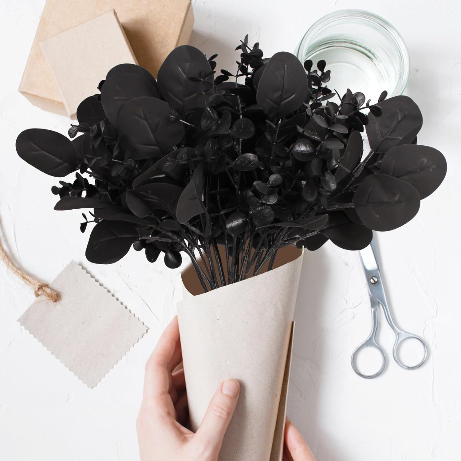 ZeKonan 40 Pcs Artificial Black Eucalyptus Stems, Fake Eucalyptus Leaves Branches Bouquet for Flower Arrangement DIY, Black Silk Flowers for Home Halloween Farmhouse Decor