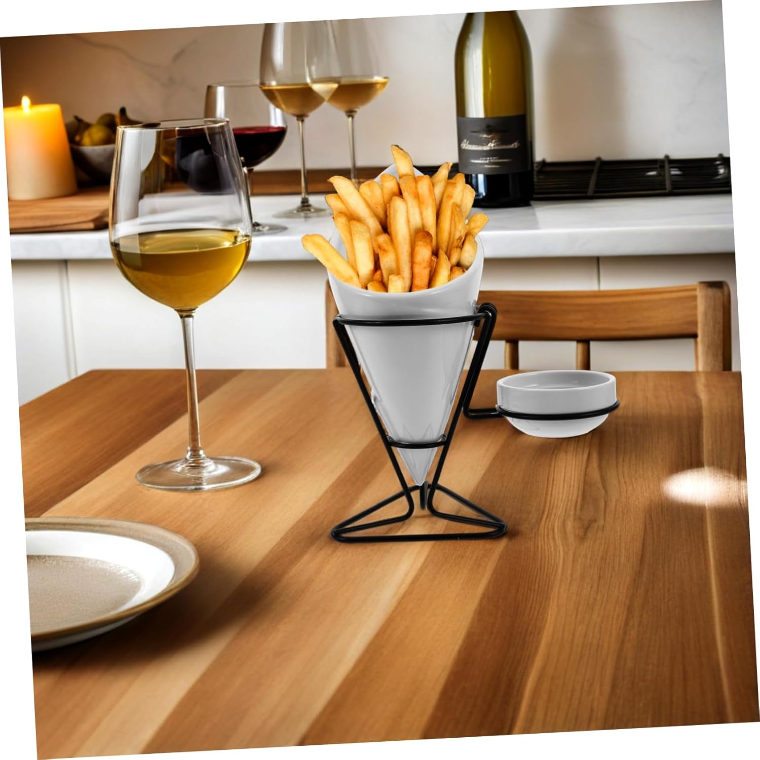 PRETYZOOM 1Set French Fry Holder Ceramic Cone Rack with Sauce Dipper Stylish Snack Serving Plate for Appetizers Space Saving Design for Restaurants and Home Parties