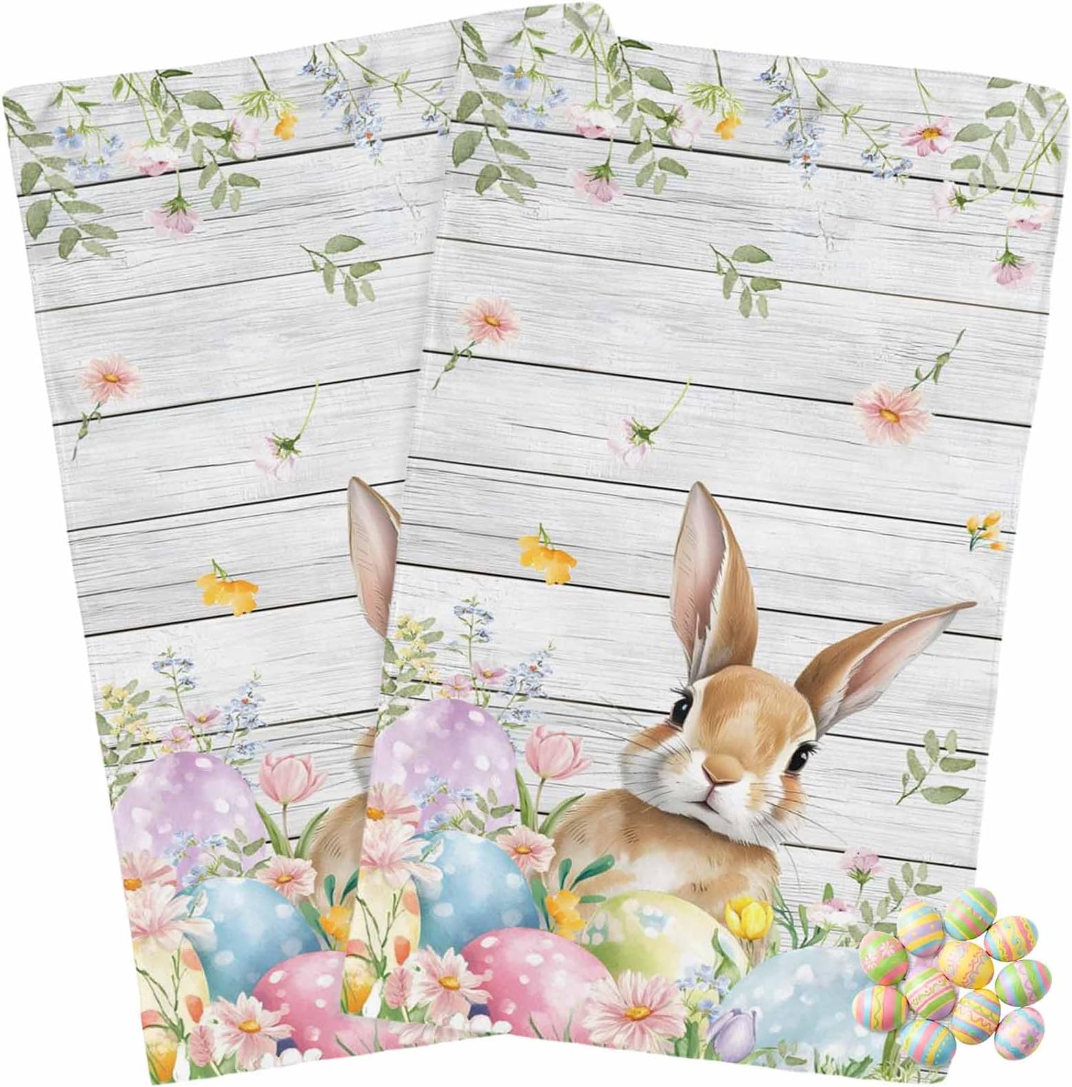 Kitchen Towels Pack of 2 Spring Easter Rabbit Colorful Eggs Dish Drying Towels,Soft Absorbent Microfiber Cleaning Cloths Blossom Flower on Wood Quick Drying Hand Towels Set,18×28 inches