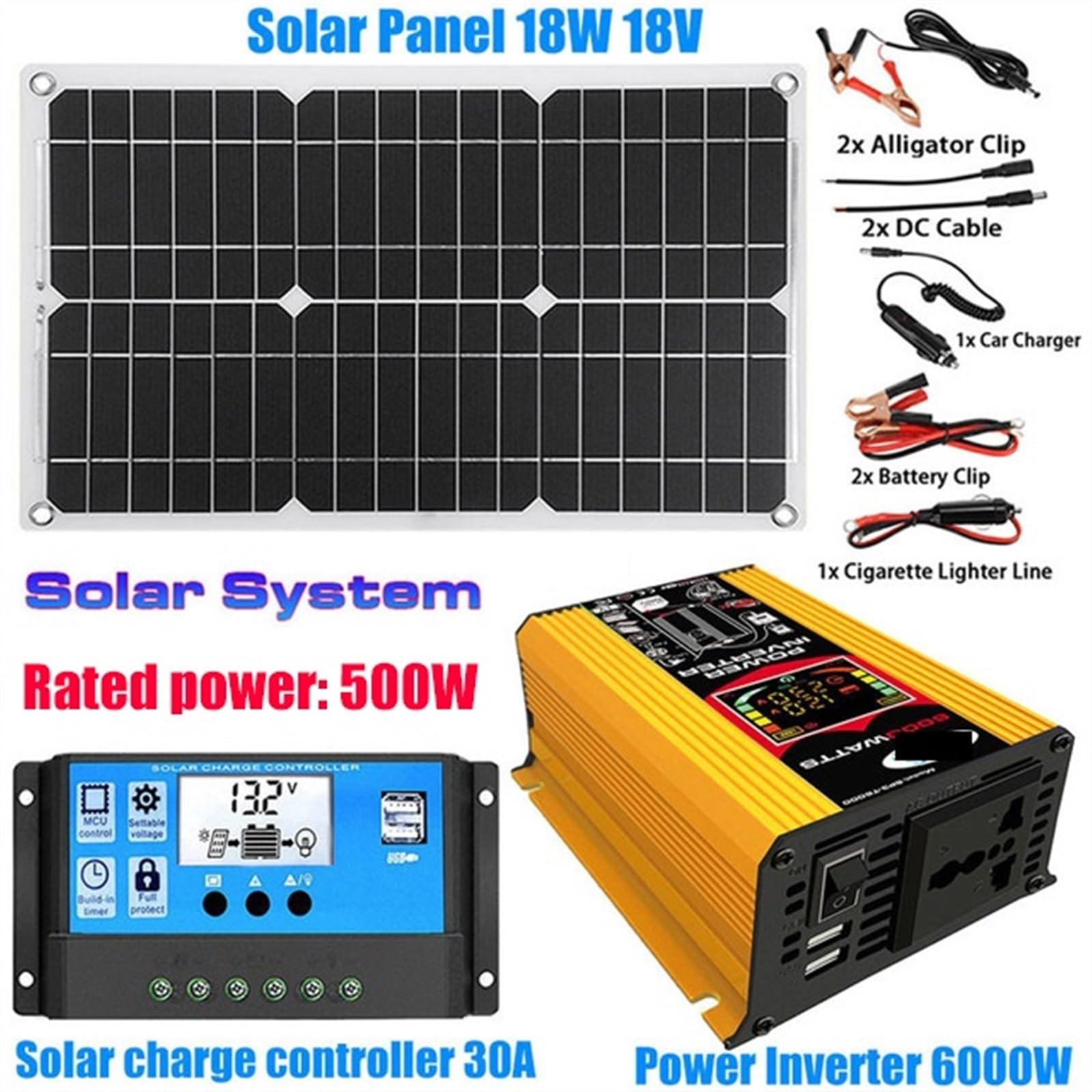 Falownik, 110-220 falownik solarny 4000W/6000W Panel słoneczny 18W kontroler wyświetlacz LED inwerter bateria inteligentna płytka ładująca