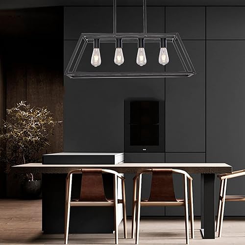Miniatura 4 de XILICON Mesa de isla para cocina, candelabros negros, 4 luces modernas para comedor, accesorios de iluminación colgantes, jaula de isla de cocina,
