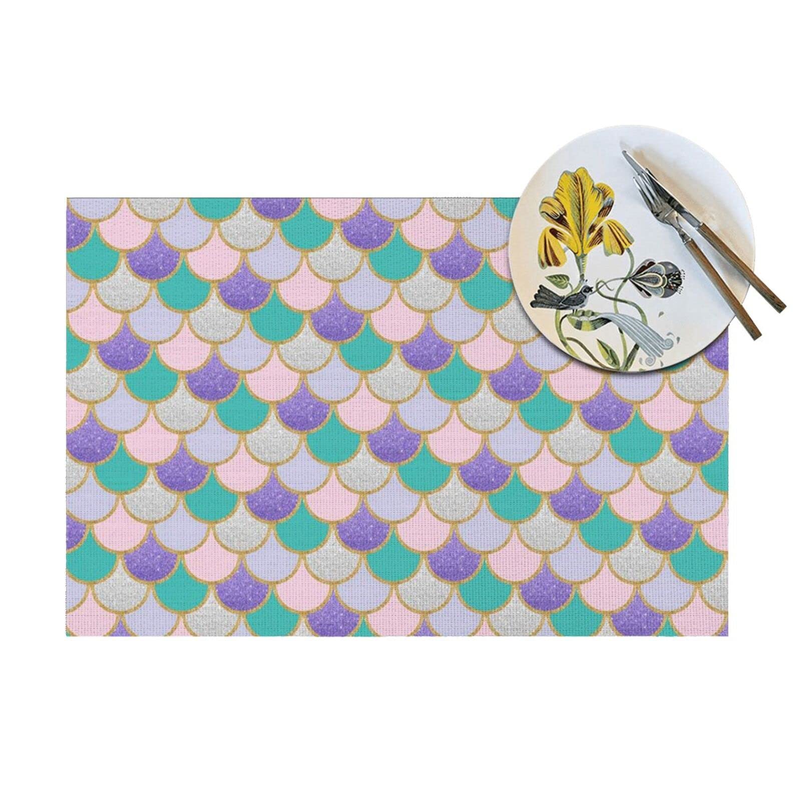 Tovaglietta a forma di sirena con stampa a squame da 40 cm x 30 cm resistente al calore antiscivolo in PVC per cucina, sala da pranzo e tavolo accessori decorativi