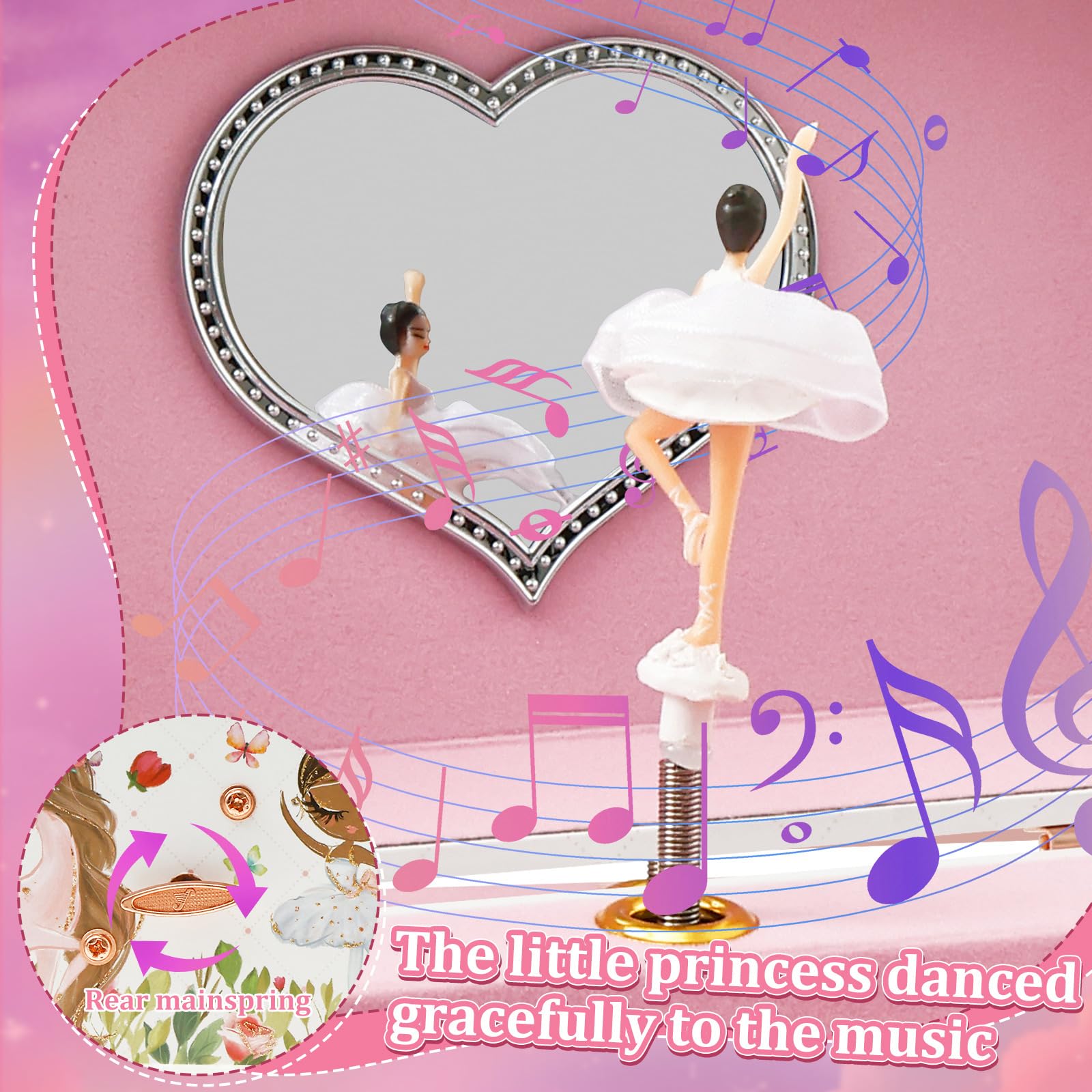 Alongen Musical Jewellery Box for Girls 2 Layer Kids Dancing Music Box with Mirror Jewelry Organizer with Drawer Bracelet Ring Holder Case for Girls Kids Present(White) - Image 4