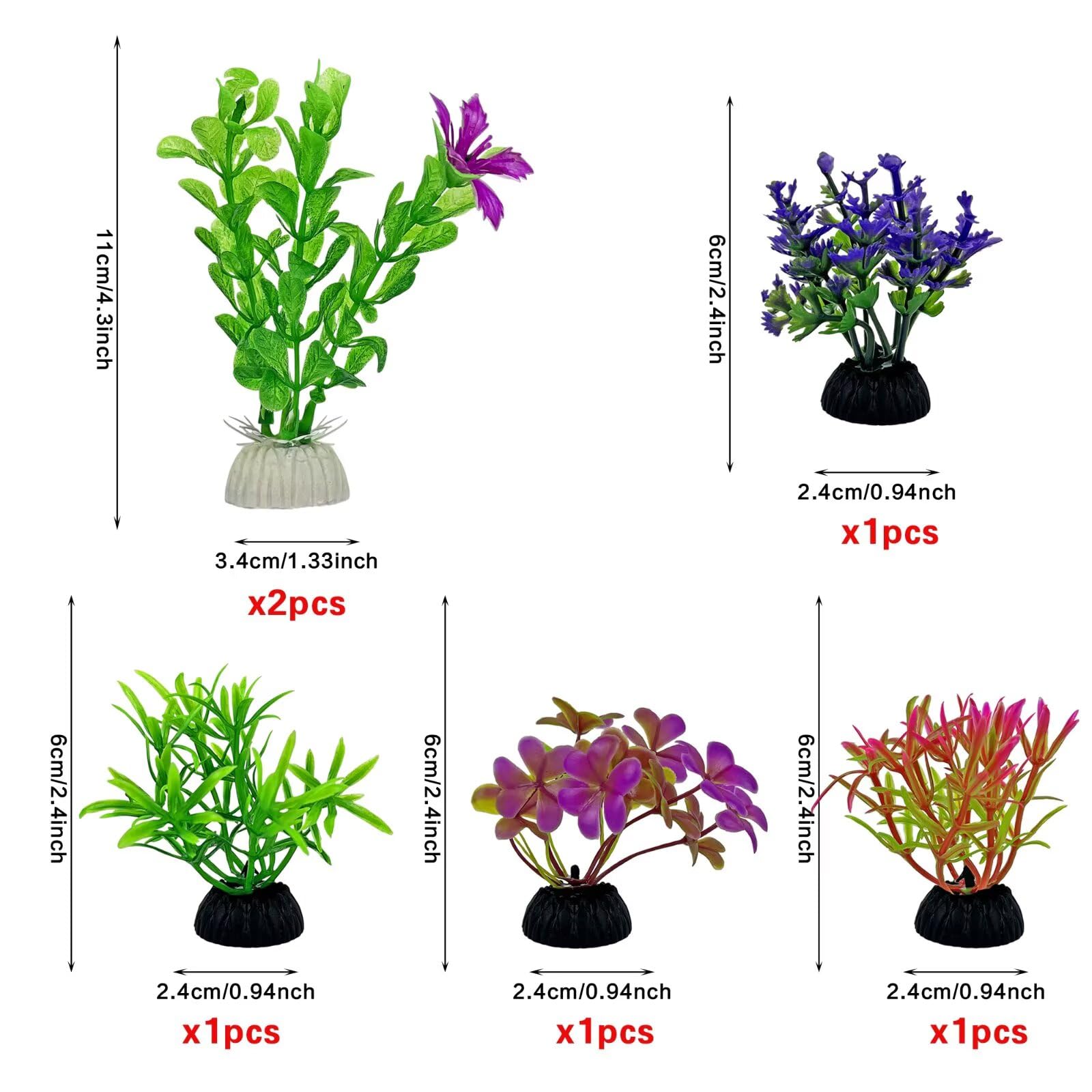 Lot de 6 plantes artificielles pour aquarium avec fleur verte en plastique 4 formes différentes de fausses décorations - 2