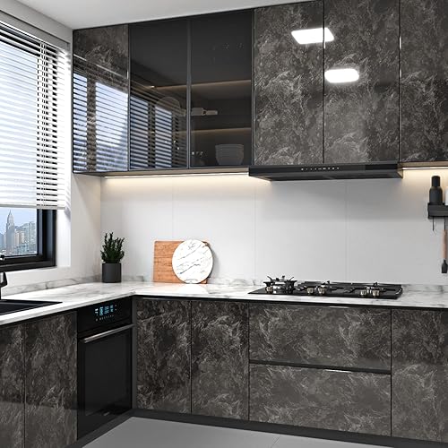 Miniatura 3 de Papel de contacto de mármol negro para encimeras de despegar y pegar de 15.8 x 78.7 pulgadas, papel adhesivo negro impermeable para encimeras, papel