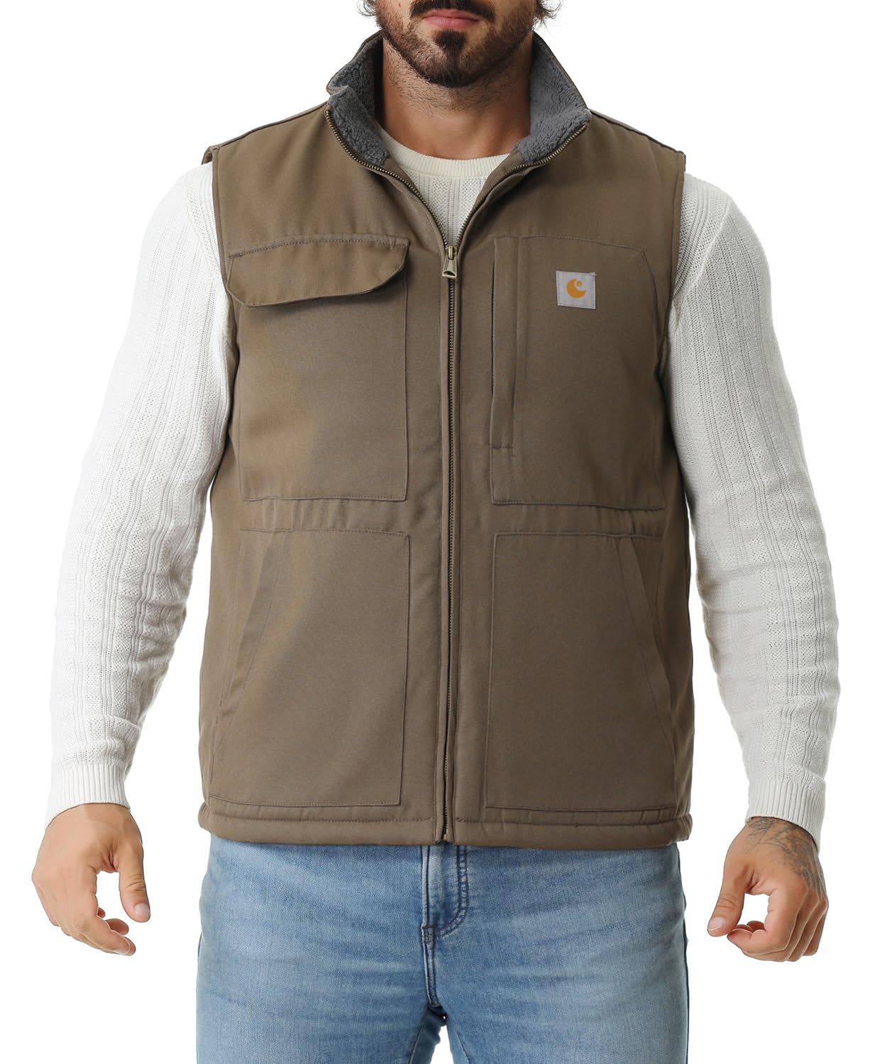 Men's Loose Fit Washed Duck Fleece-Lined Waterproof Workwear Mock-Neck Vest