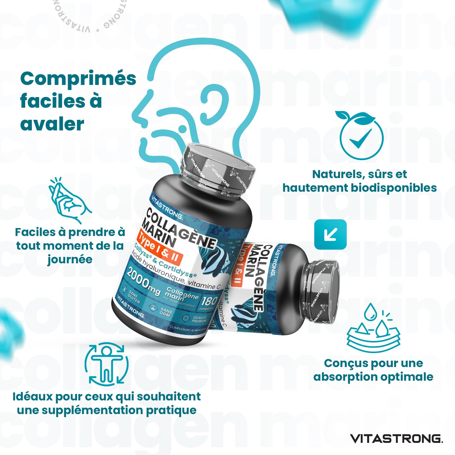 Collagene Marin, Acide Hyaluronique, Vitamine C, 180 Comprimés, Collagène Hydrolysé de Type 1&2 Collyss Cartidyss, Supplément de Collagene Marin Acide Hyaluronique avec Vitamin C, Qualité Vitastrong