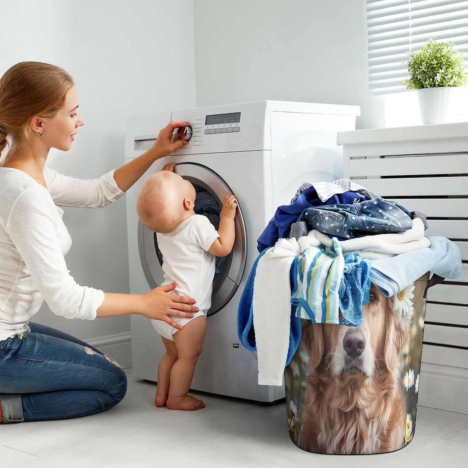Golden Retriever with Daisy Wreath Laundry Basket Collapsible Hamper Bag Clothes Storage Bin with Handles 44x44cm