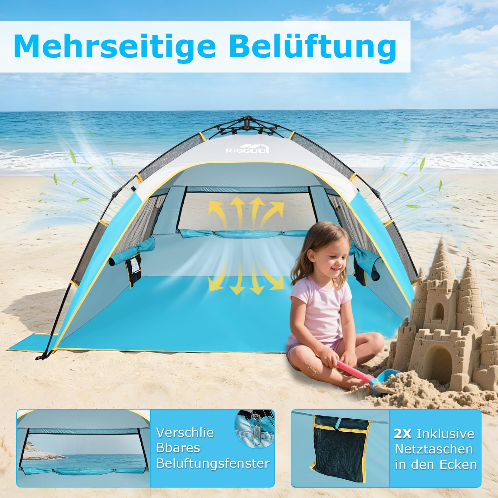 Tente de plage automatique avec protection UV 50+, 210 x 150 x 130 cm, pour 4 personnes, montage rapide en quelques secondes, petite taille une fois repliée, imperméable, coupe-vent, protection