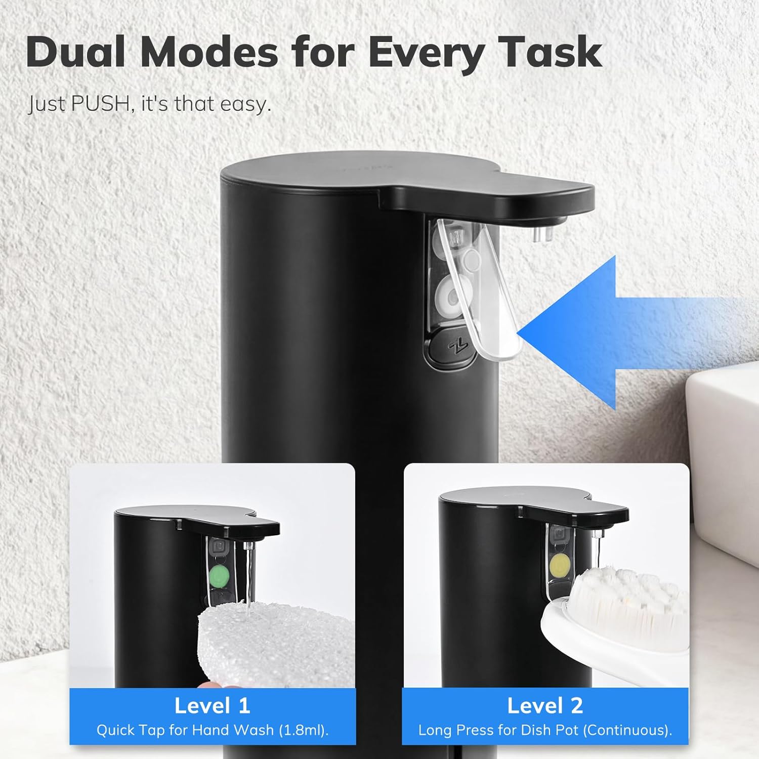 Umimile Electric Dish Soap Dispenser for Kitchen and Bathroom, 2 Mode Liquid Hand Soap Dispenser, 11.8oz Rechargeable with Type-C, IPX7 Waterproof (Black)