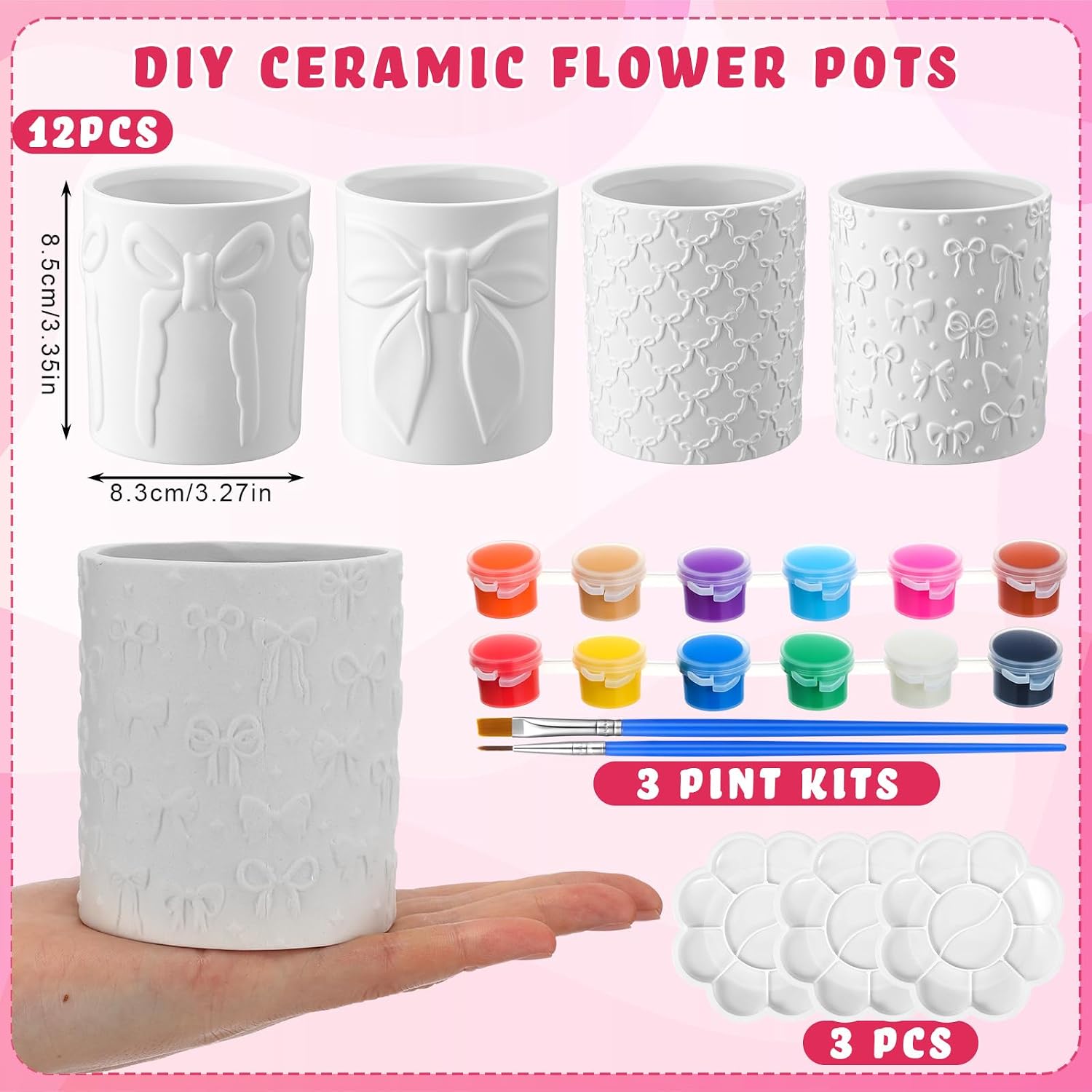 Zubebe 12 Pcs Paint Your Own Ceramic Pots Bulk Unfinished Succulent Pots Craft Kit with Drainage Hole Mini Paintable Plant Vase Ready to Paint Planter for Cactus DIY Craft (Bow)