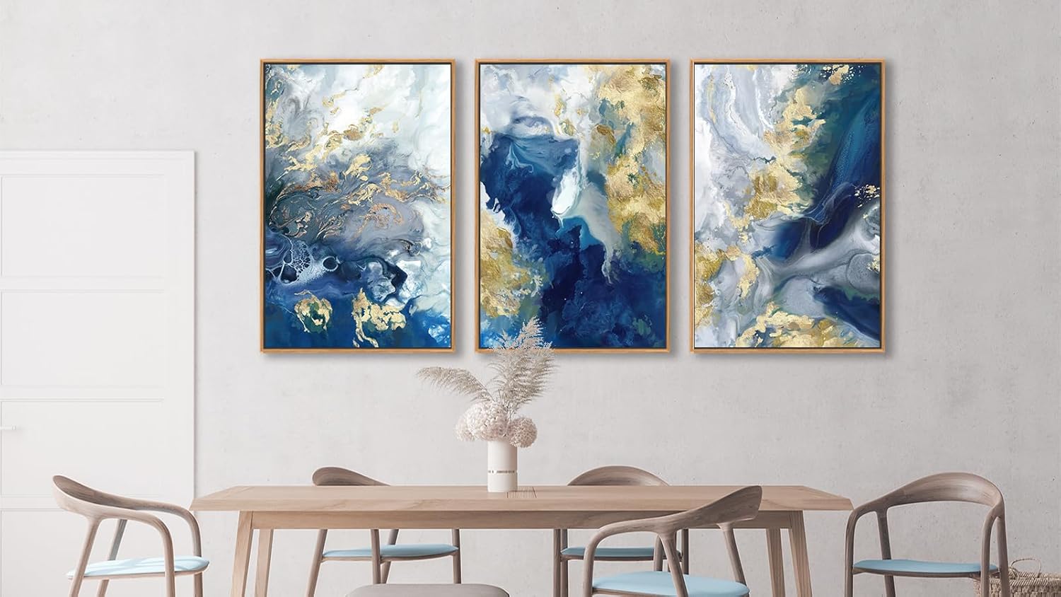 tigeridge Abstract Ocean Framed Wall Art - Rich Blues Canvas Pictures Wall Decor Turquoise Gold Accents Painting Artwork Coastal Prints for Living Room Home Decor 36 x 24in * 3, Natural Wood Frame