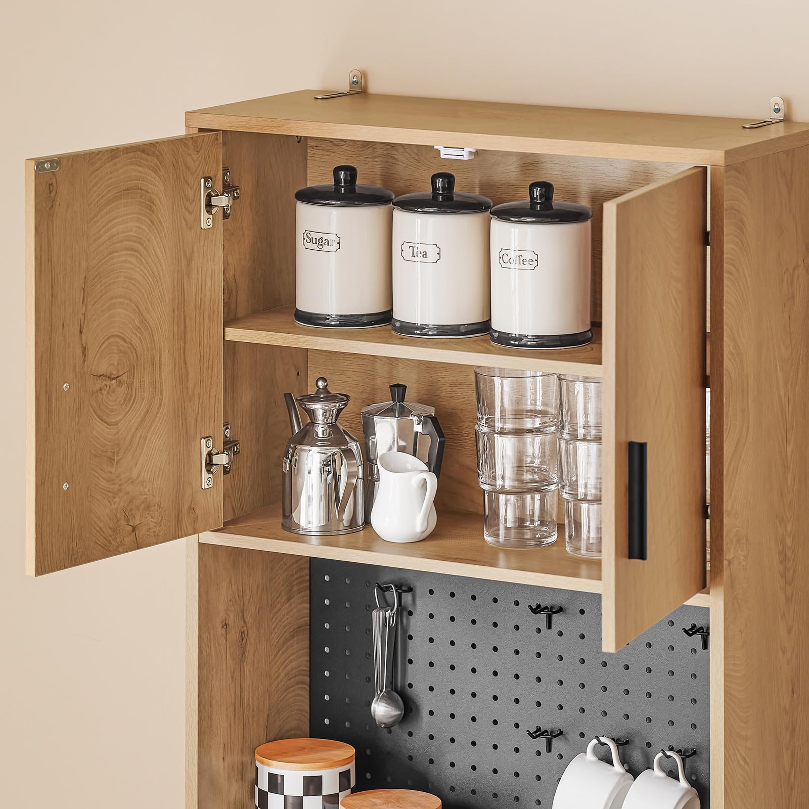 SoBuy Mikrowellenschrank mit Lochwand für Haken & Schublade, 60x170x40cm | Hochschrank mit offenem Fach & viel Stauraum, 10 kg je Fach/5 kg Schublade, PB, für Küche & Vorratsraum & Büro, FSB98-N