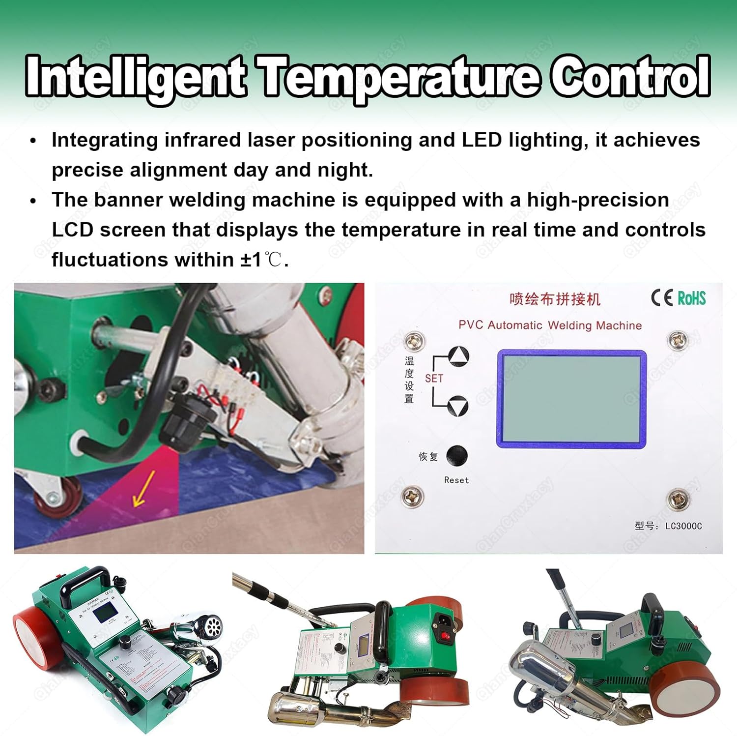 Industrial Automatic Heat Sealing Machine for Plastic, 1800W Banner Seam Welder, 20-680°C Range, DC Fan Cooling, Ideal for Waterproof Seams on Tent, Awning, Billboard Material