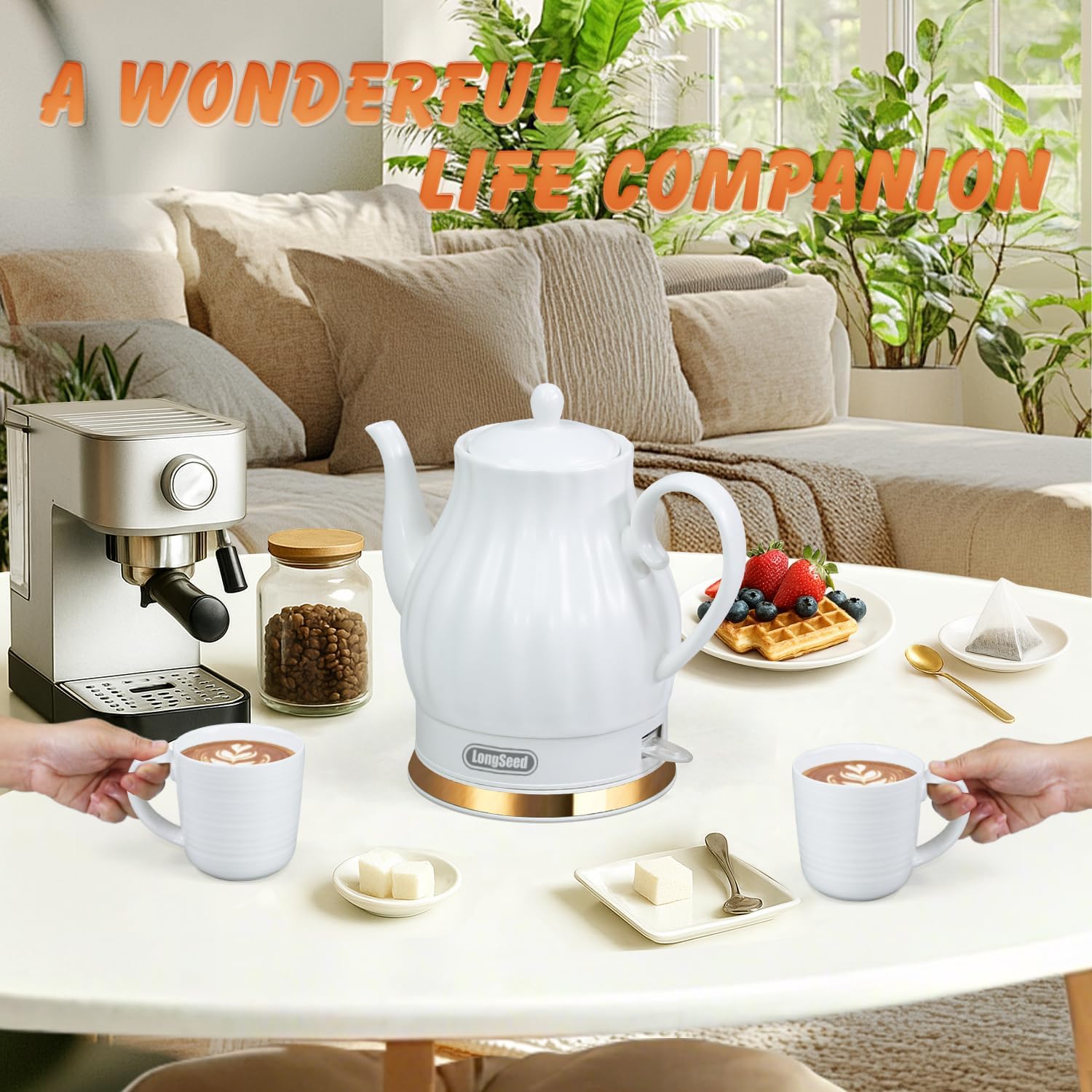 Ceramic Electric Kettle, 1.5 Liters/1200W Electric Tea Kettle, Heats Water Quickly, Automatic Shut - off, Boil - Dry Protection, Free Of BPA, Matte White