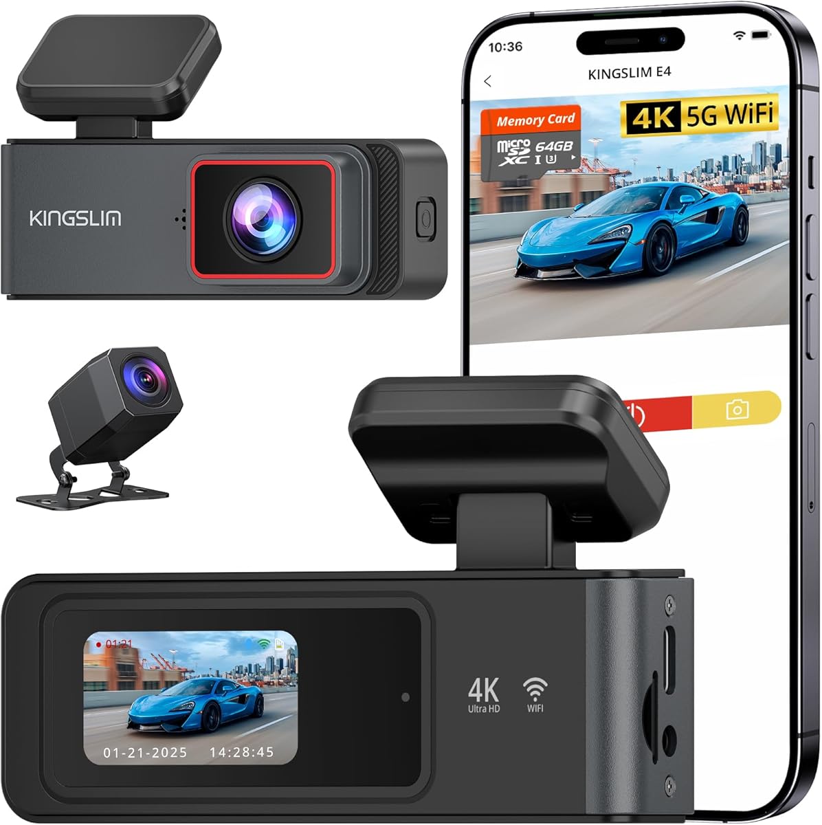 Kingslim 4K Dash Cam Front and Rear with 64GB SD Card, 5G WiFi Dash Camera for Cars, 1.5'' Screen Dashcam Wireless APP Control, Support G-Sensor/Time Lapse 2 Kinds Parking Monitor
