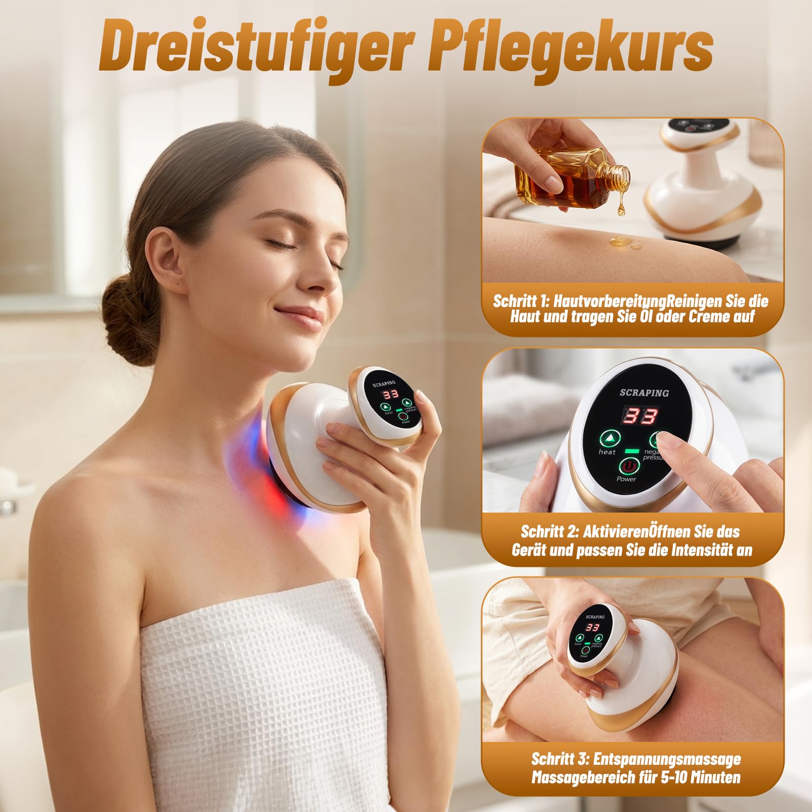 Lymphdrainage Gerät Cellulite Massagegerät,4-in-1 elektrisches Schröpfgerät & Gua Sha mit Rot-Blaulicht & 30 Stahlkugeln,9 Stufen Absaugung & Heizung,Anti Cellulite Massager mit 2 Fl. Premium-Beifußöl