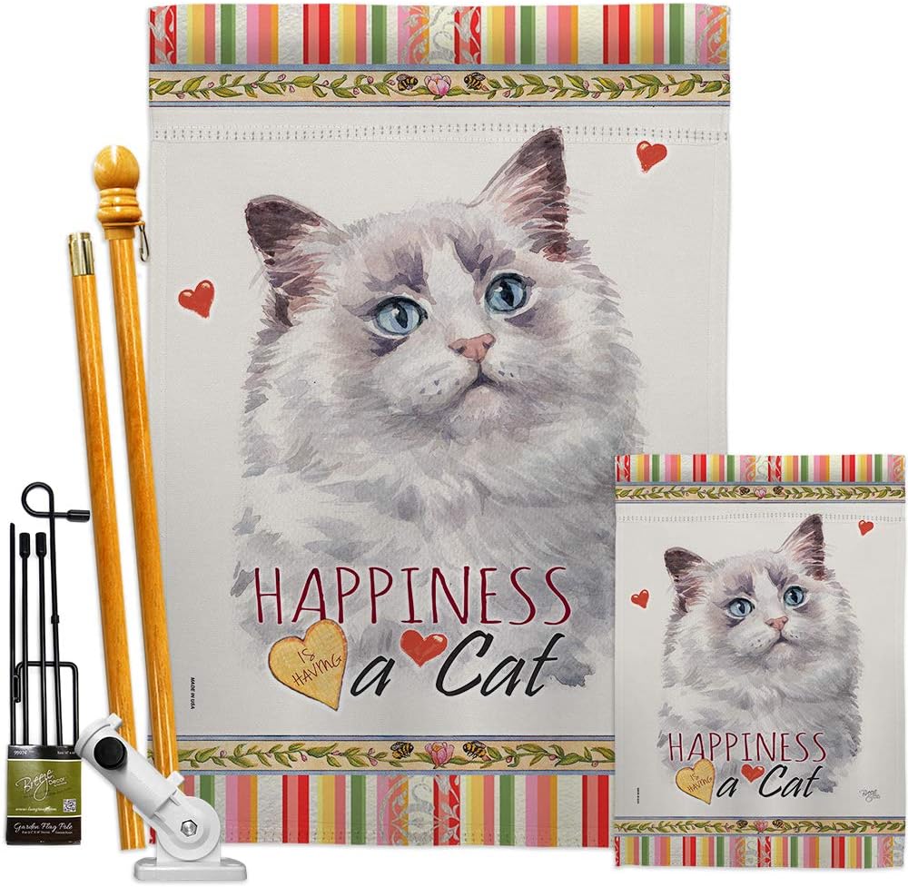Bicolor Ragdoll Happiness House Flag Animals Cat Kitten Meow Spoiled Paw Fur Pet Nature Farm Animal Creature Small Decorative Gift Yard Banner Made In USA 28 X 40