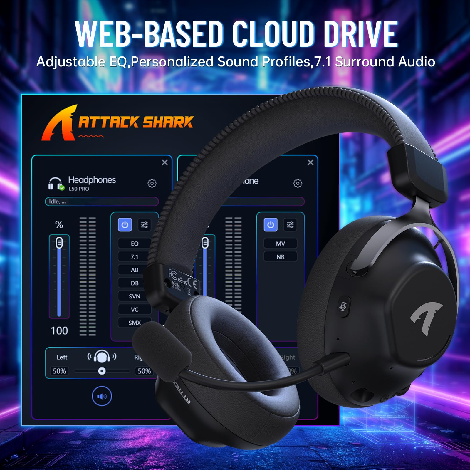 ATTACK SHARK L50PRO Auriculares Gaming Inalámbricos Sonido 7.1 Modos EQ Transductores 53mm Triple Conexión Batería 1100mAh Circumaurales con Micrófono Desmontable Anti Ruido para PC/Xbox/PS4,Negro