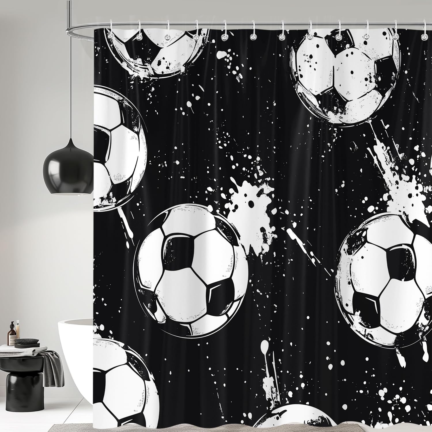 Sokdcam Football Shower Curtain for Boys Kids Men, Black and White Sports Soccer Balls Bathroom Curtains Set, olyester Fabric Bath Curtains with 12