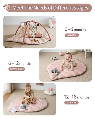 Miniatura 4 de Blissful Diary Tapete de gimnasio y actividades para bebés, tapete de juego para bebés con forma de hoja de gran tamaño con 6 juguetes desmontables