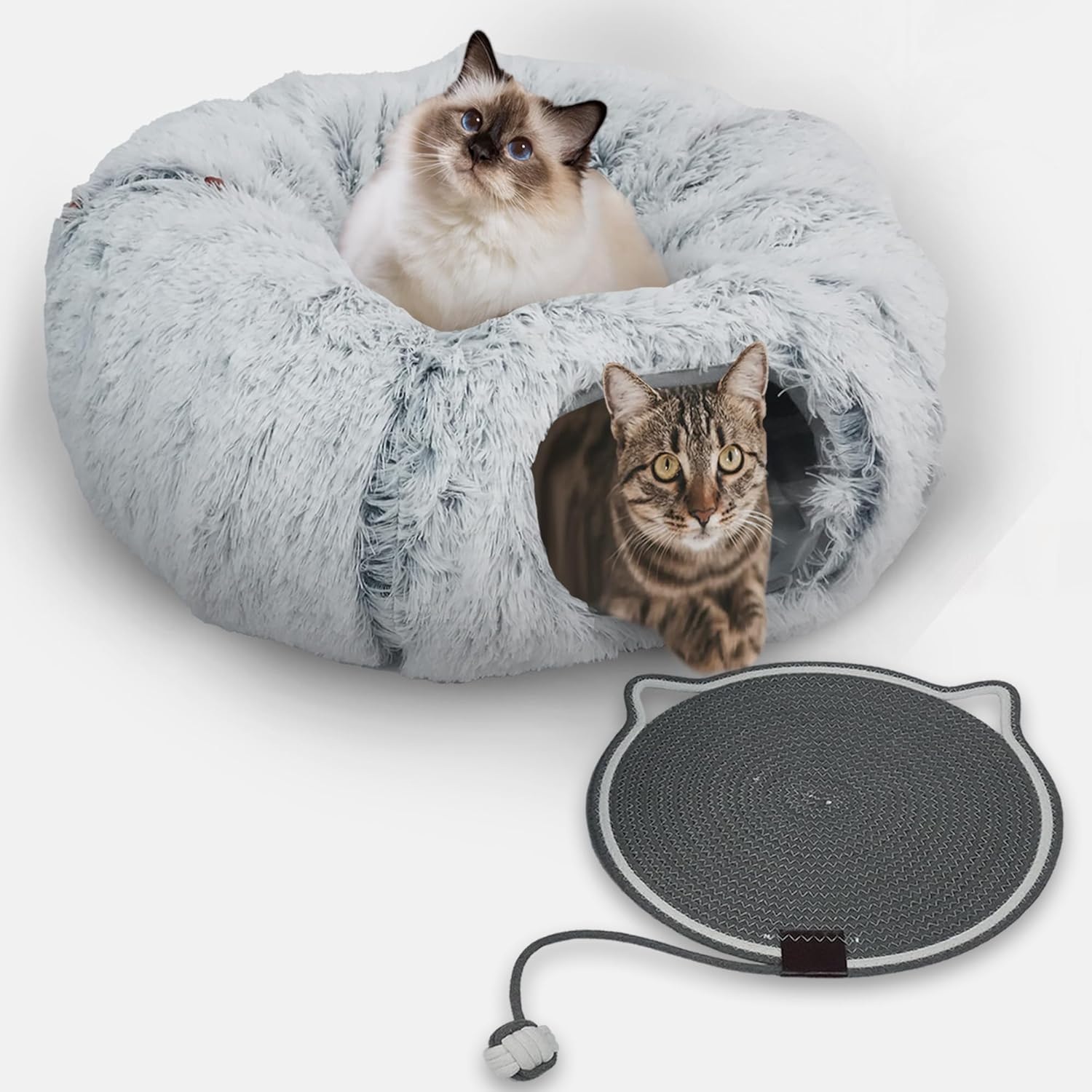 2-Pack Cat Tunnel Donut Bed and Cat Scratch Pad, Interactive Cat Tunnels for Indoor Cats, Fits Multiple Cats Up to 15 lbs, Cozy and Durable Cat Hideaway Toy for Kittens, Puppies, Rabbits (Grey)