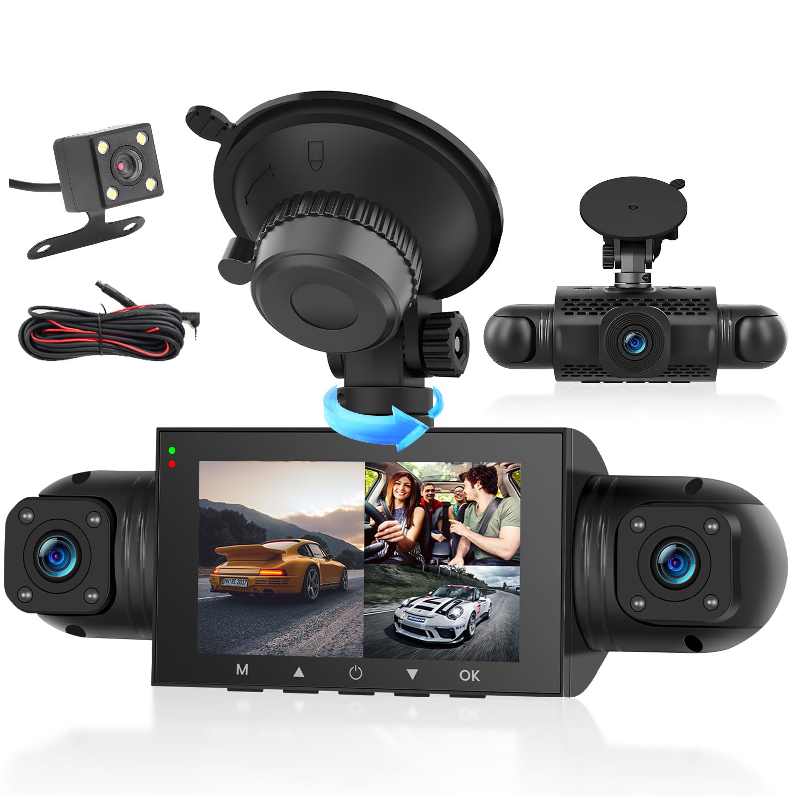 4 Channel 360° Dash Cam Front and Rear Inside Left Right,3 Inch 1080P Dash Camera for Cars Car Camera with IR Night Vision,Loop Recording,G-Sensor,