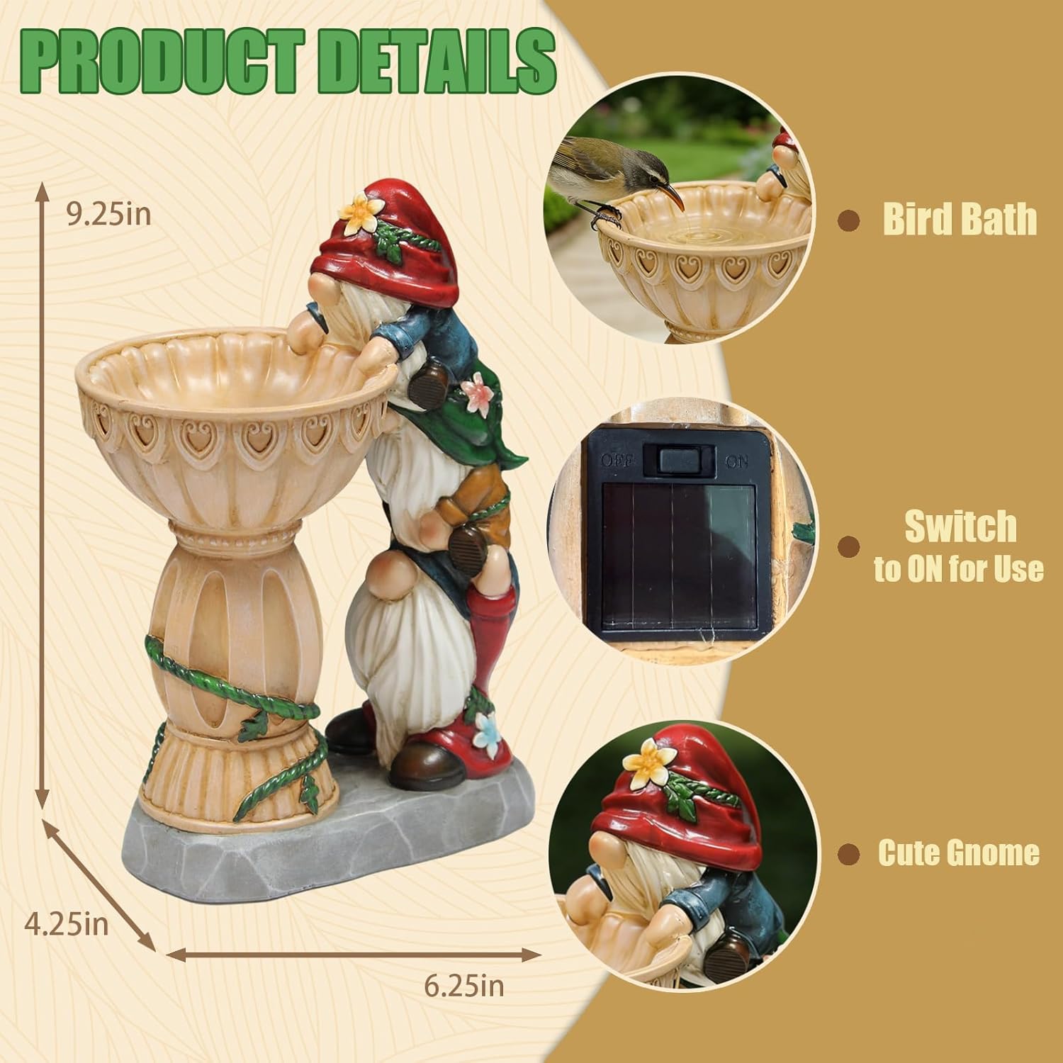 Sheaifun Garden Gnomes Outdoor Gnomes Garden Decorations for Yard Colorful Lights Resin Solar Outdoor Statues with Bird Bath Feeder Outside Lawn Patio Housewarming Gifts 6.25x4.25x9.25 Inch