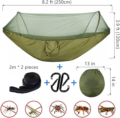 Miniatura 5 de LFL Hamaca de camping con mosquitero, hamacas con correas de árbol de 13 pies y mosquetones, hamaca portátil automática de apertura rápida para