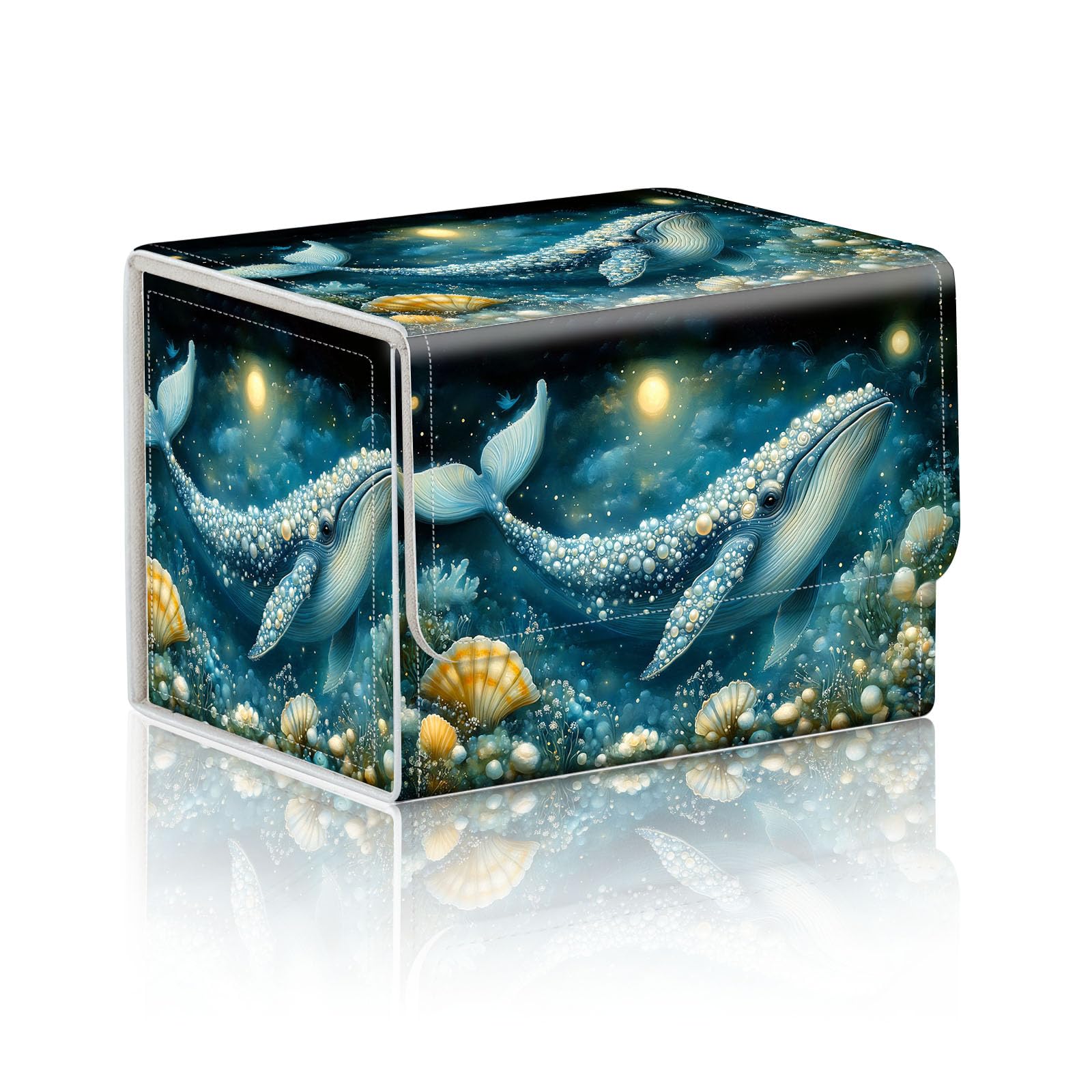 DISUOFEART Trading Card Storage Box, Holds 100+ for MTG Cards, PU Leather with Magnetic Closure, Whale with Pearls in Deep Sea Durable Deck Box for Magic the Gathering, Trading Card Games