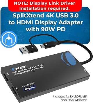 OREI SplitExtend 4K HDMI Splitter Extended Display for Dual Monitor - Multi-Monitor Display 3 Separate Screens - USB A & USB-C Adapter to HDMI 2.0, 4K@60hz, 90W PD Charger, DisplayLink MacOS, Windows | Multi-Monitor Display 3 Separate Screens - USB A & USB-C Adapter to HDMI 2.0, 4K@60hz, 90W PD Charger